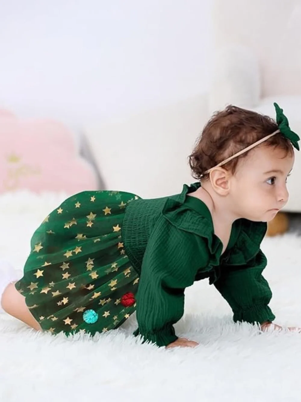 Baby Girl ONE Birthday Tulle Romper Green Gold Stars 3-6M